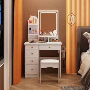 5-Drawers White Makeup Vanity Sets Dressing Table Sets With Stool, LED Lighted Mirror, Power Strip and Hair Dryer Holder