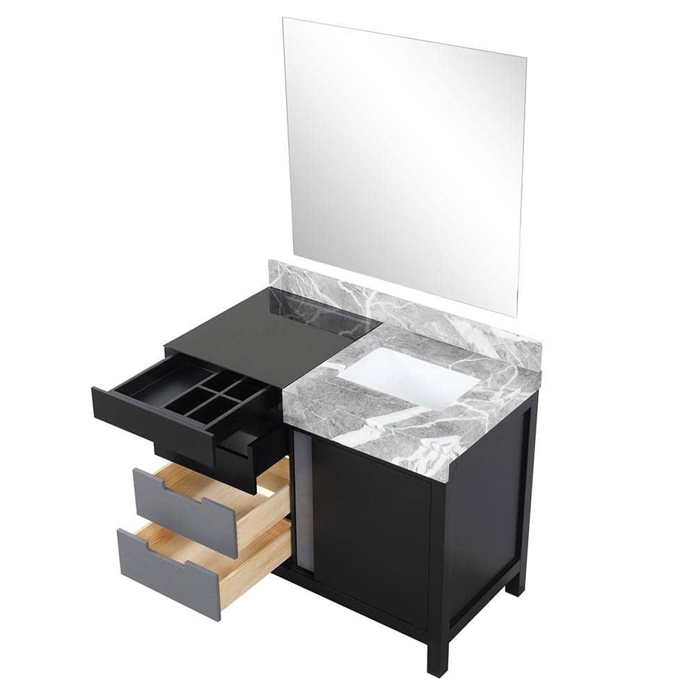 Zilara 42" Black and Gray Marble Top Bathroom Vanity with Mirror