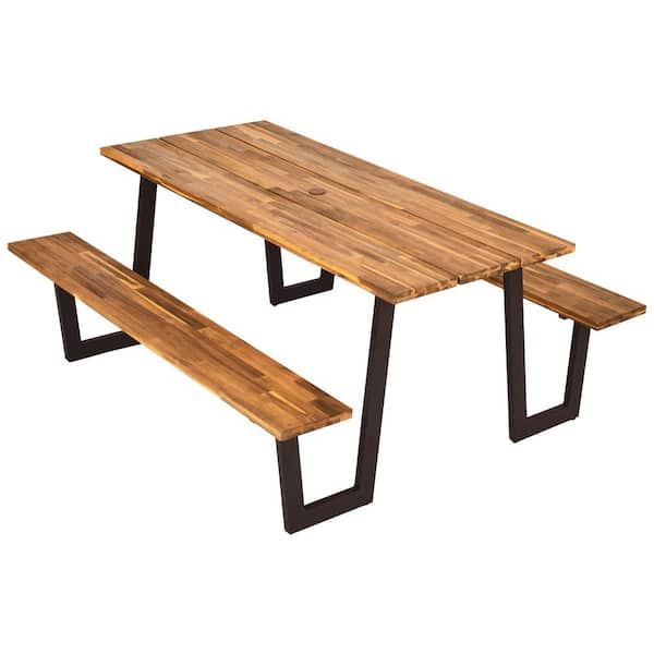 Costway Natural Rectangle Wood Picnic Table Dining Table Set with 2 Bench Seats and Umbrella Hole Patented