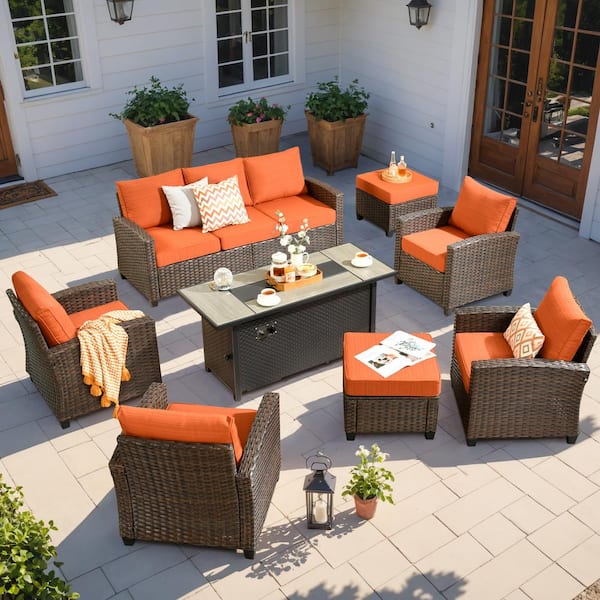 Toject Palermo Brown 8-Piece Wicker Outdoor Modular Patio Furniture Sofa Set with Metal Fire Pit and Orange Red Cushions