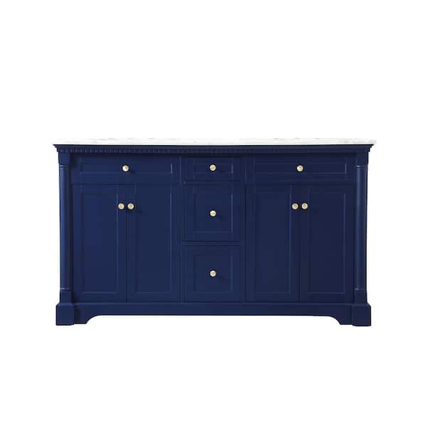 Unbranded Timeless Home 60 in. W Double Bath Vanity in Blue with Marble Vanity Top in Carrara with White Basin