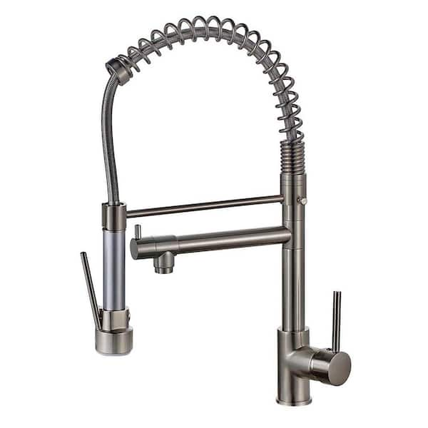 Single Handle Pull Down Sprayer Kitchen Faucet with 360° Swivel 2-Spouts in Brushed Nickel