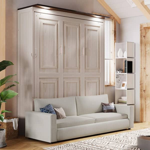 Keene Beige Wood Frame Queen Size Murphy Bed with Sofa, LED