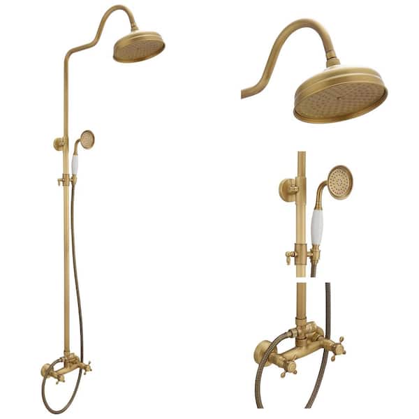 2-Spray Round High-Pressure Wall Bar Shower Kit Shower System Combo Unit Brass Handheld Spray in Antique