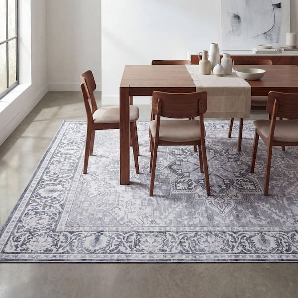 Eleanor Vintage Medallion Border Machine-Washable Ivory/Gray 8 ft. x 10 ft. Area Rug