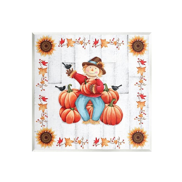 Stupell Industries Autumn Scarecrow and Pumpkins by Emma Leach 1-Piece Unframed Graphic Print Nature Poster Art Print 12 in. x 12 in.