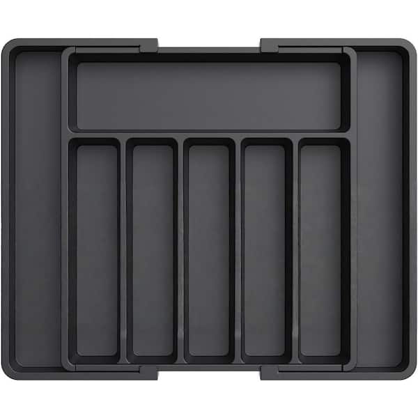 22.4 in. x 15 in. Adjustable Plastic Silverware Drawer Organizer for Kitchen Spoons Forks Knives, Black