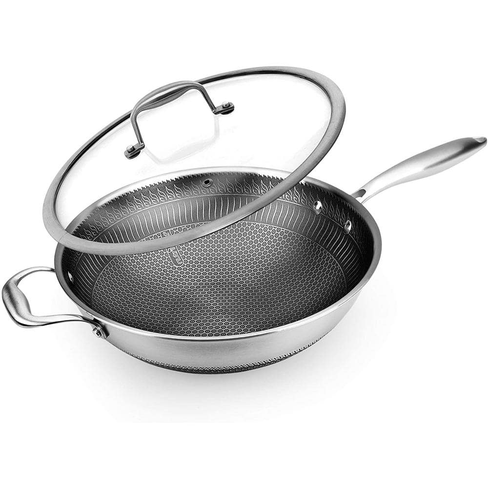 NutriChef Large 12 in. Black Stainless Steel Woks with Triply DAKIN Etching Non-Stick Coating and Side Handle