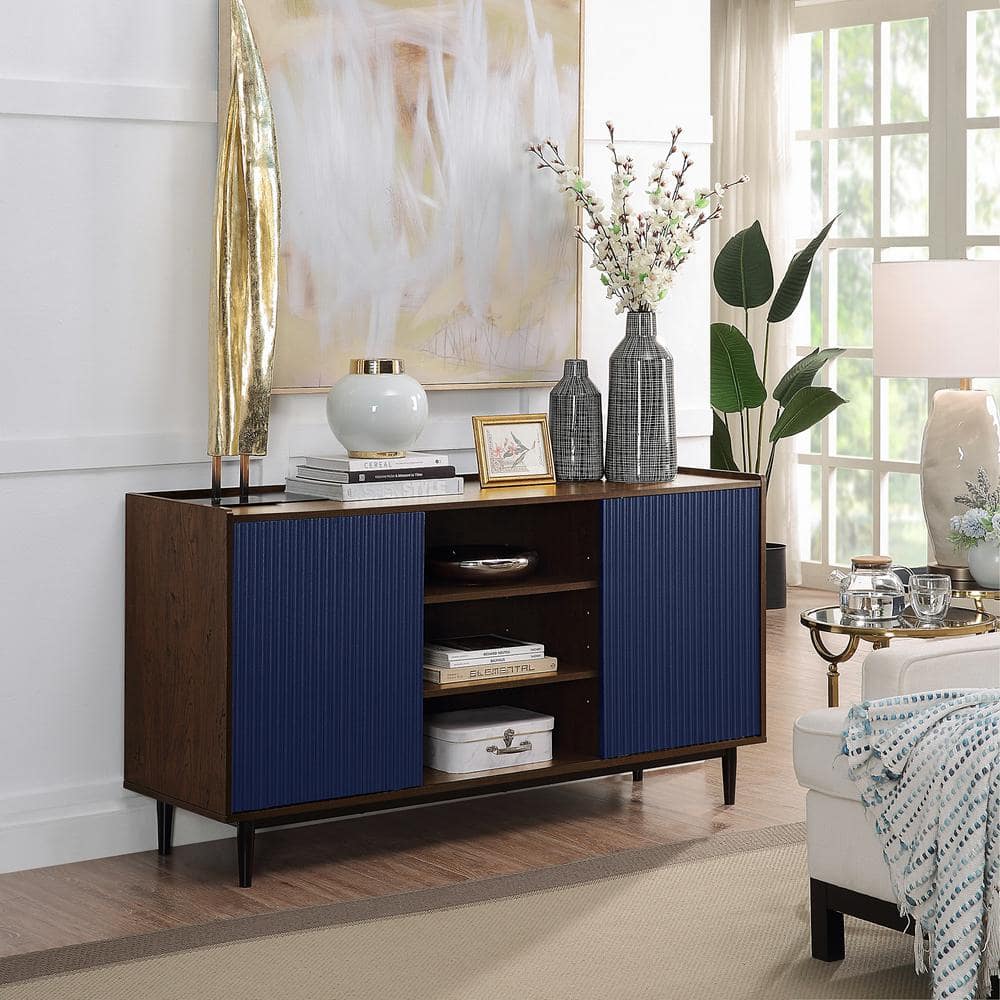 Manhattan Comfort Duane Dark Brown and Navy Blue MDF 59.05 in. Modern Ribbed Sideboard with Adjustable Shelves