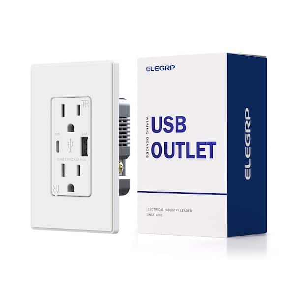 ELEGRP 21W USB Wall Outlet with Type A and Type C USB Ports, 15 Amp Tamper Resistant, with Screwless Wall Plate,Black (1 Pack)