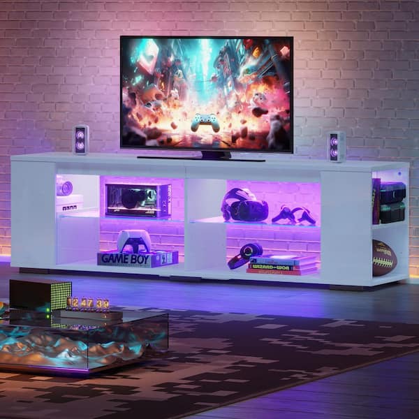 Glossy White 71 in. TV Stand Fits TVs Up to 80 in. Gaming Entertainment Center with Bookshelf, LED and 4 Open Shelves