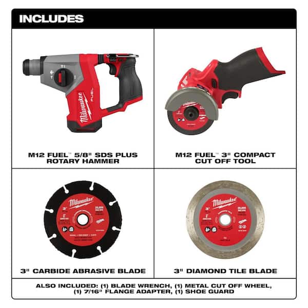 M12 FUEL 12V Lithium-Ion Brushless Cordless 5/8 in. SDS-Plus Rotary Hammer Drill, & 3 in. Cut Off Saw