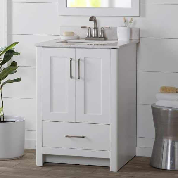 Home Decorators Collection Westcourt 25 in. W x 22 in. D x 39 in. H Single Sink Freestanding Bath Vanity in White with Pulsar Cultured Marble Top