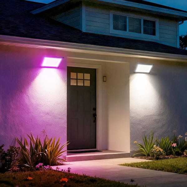 50Watt Equivalence 1650 Lumen Black Plug-in RGB Integrated LED Flood Light, Outdoor Light with Dusk to Dawn Sensor