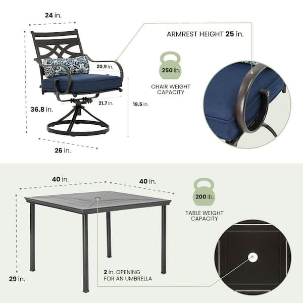Montclair 5-Piece Metal Outdoor Dining Set with Navy Blue Cushions, Swivel Rockers and Table