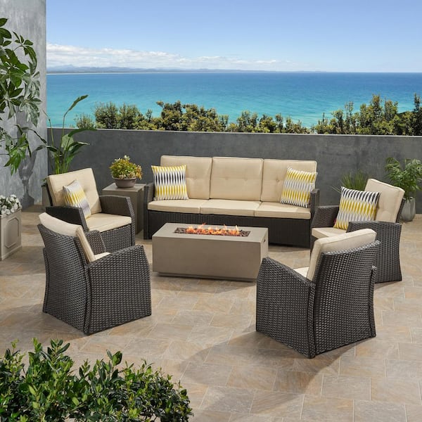 Noble House Sanger Dark Grey 7-Piece Faux Rattan Patio Fire Pit Set with Beige Cushions