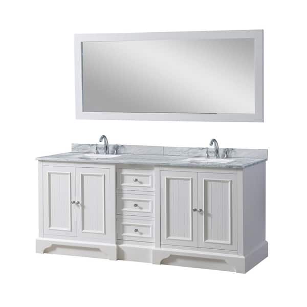 Direct vanity sink Kingswood 72 in. W x 25in. D x 33 in. H Double Bath Vanity in White with White Carrara Marble Top and Mirror