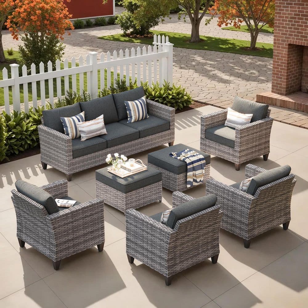 Caodoc Camden 7-Piece Gray Wicker Outdoor Patio Furniture Patio Conversation Seating Set with Black Cushion and Ottoman, image size:1000x1000