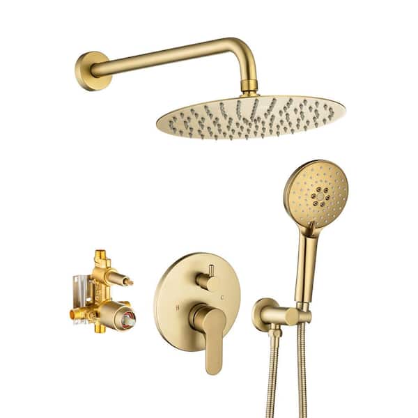 WELLFOR 1-Spray 10 in. Dual Shower Head Wall Mounted Fixed and Handheld Shower Head 2.5 GPM in Brushed Gold