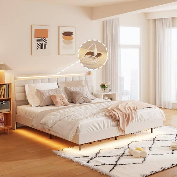Beige Wood Frame Queen Platform Bed with Storage, LED Light and Charging Station