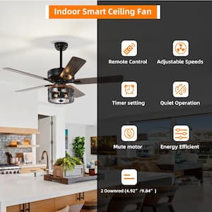 Modern 52 in. Indoor Black Ceiling Fan with Mosaic-Style Lampshade, 2-Color-Option Blades and Remote Included