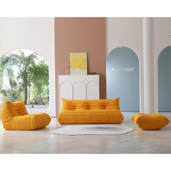 Magic Home (Set of 3) Yellow Velvet Polyester Large 45-72 in. Fireside Lazy Sofa Rebound Sponge Floor Couch with Chair, Ottoman