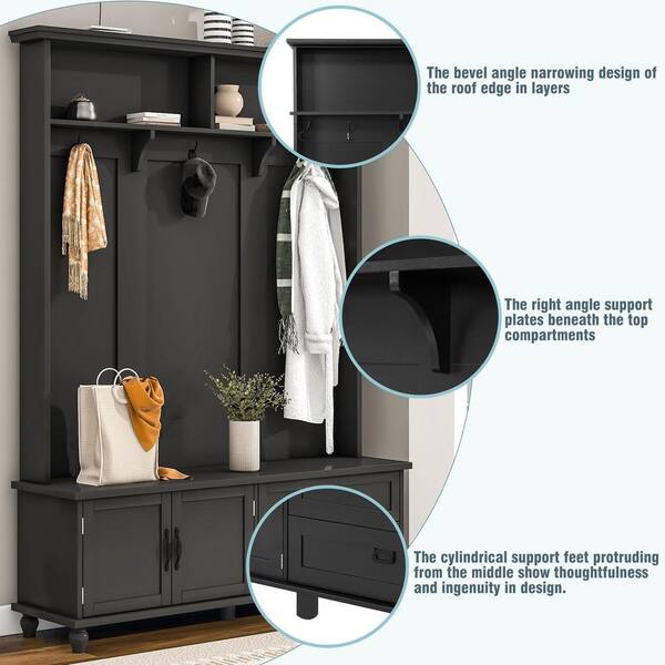 Nestfair Black Freestanding Hall Tree with Mudroom Bench,