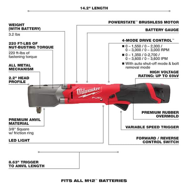 Milwaukee - M12 FUEL 12V Lithium-Ion Brushless Cordless 3/8 in. Right Angle Impact Wrench Kit with Two 2.0 Ah Batteries