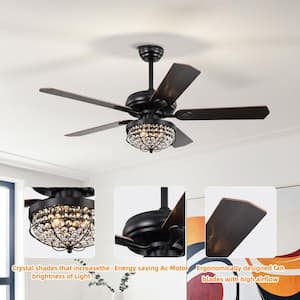 Modern 52 in. Indoor Black Ceiling Fan with Crystal Lampshade, 2-Color-Option Blades and Remote Included