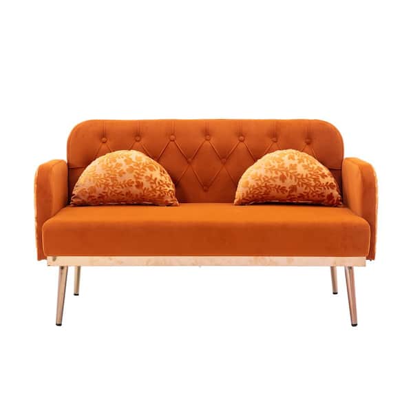 Unbranded Mid-Century Modern 55.12 in. Orange Solid Velvet 2-Seater Loveseat with 2 Pillows