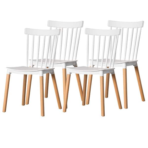 FABULAXE White Modern Plastic Dining Chair Windsor Design with Beech Wood Legs (Set of 4)