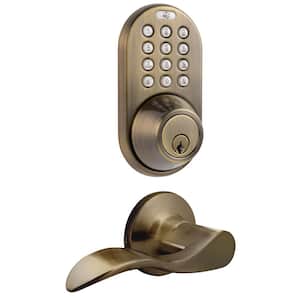 Antique Brass Keyless Deadbolt and Lever Handleset Lock Combo with Remote Control and Electronic Digital Keypad