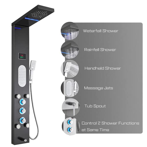 ELLO&ALLO 57 in. 5-Jet Shower Tower Panel System with LED Rainfall Mist Shower Head Shower Wand and Tub Spout in Black