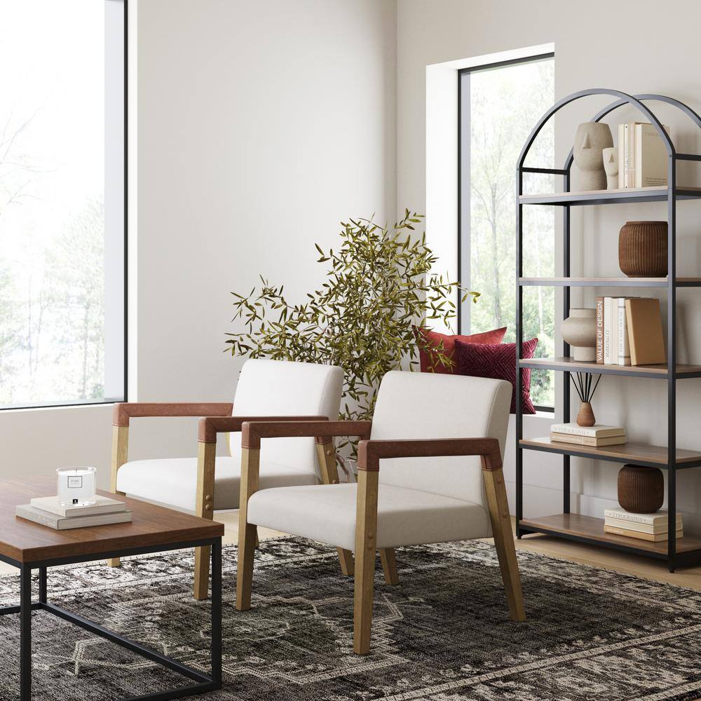 Hudson Light Brown Wood and Faux Leather Accent Chair