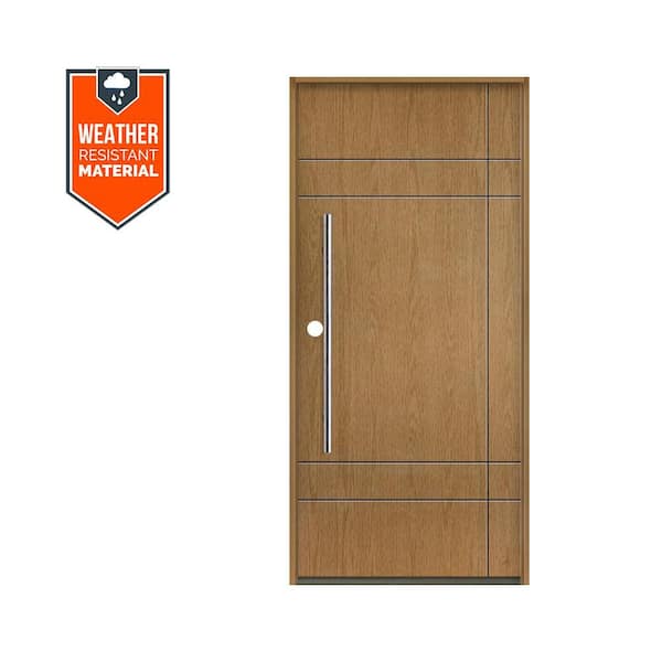 SUMMIT Modern Faux Pivot 36 in. x 79 in. Right-Hand/Inswing Solid Panel Bourbon Stain Fiberglass Prehung Front Door