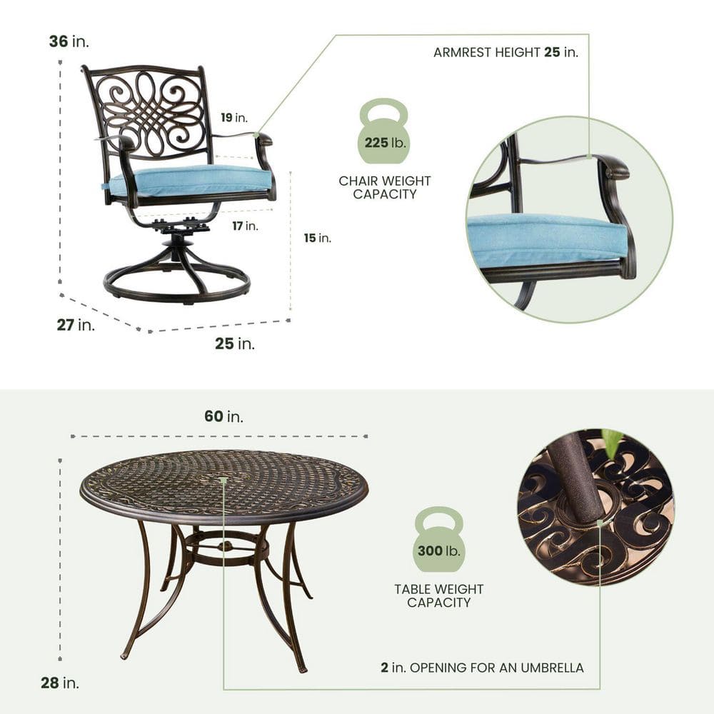 Bronze Cast Aluminum Round Outdoor Dining Set with Blue Cushions
