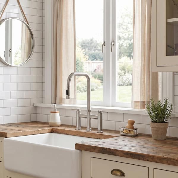3 Holes Double Handle Brass Bridge Kitchen Faucet with Pull Down Sprayer and Supply Lines in Brushed Nickel
