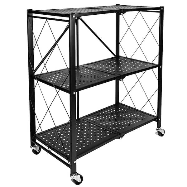 Siavonce 3-Tier Heavy Duty Foldable Metal Rack Storage Shelving Unit with Wheels Moving Easily Organizer Shelves Great, Black