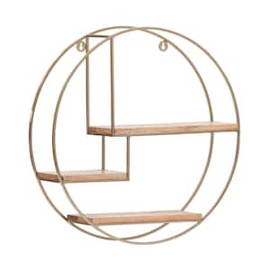 Marly 4.75 in x 19.5 in x 19.5 in. Gold and Natural Wood Iron and Wood Floating Decorative Round Wall Shelf