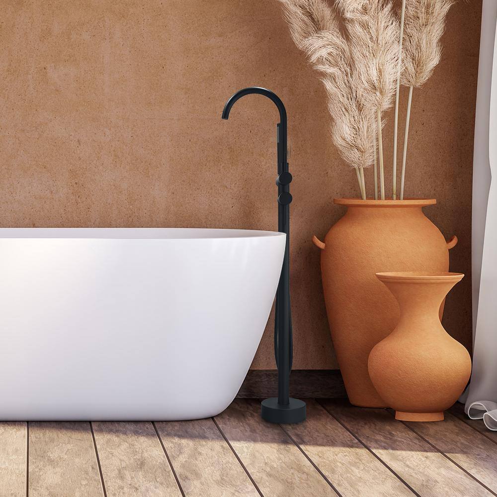 Matte Black Gooseneck Floor Mounted Tub Faucet with Handshower