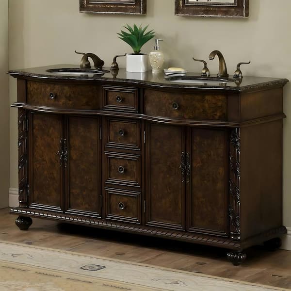 Amelia 60 in. W x 22 in. D x 36 in. H Double Sink Vanity in Antique Brown with Baltic Brown Granite Top