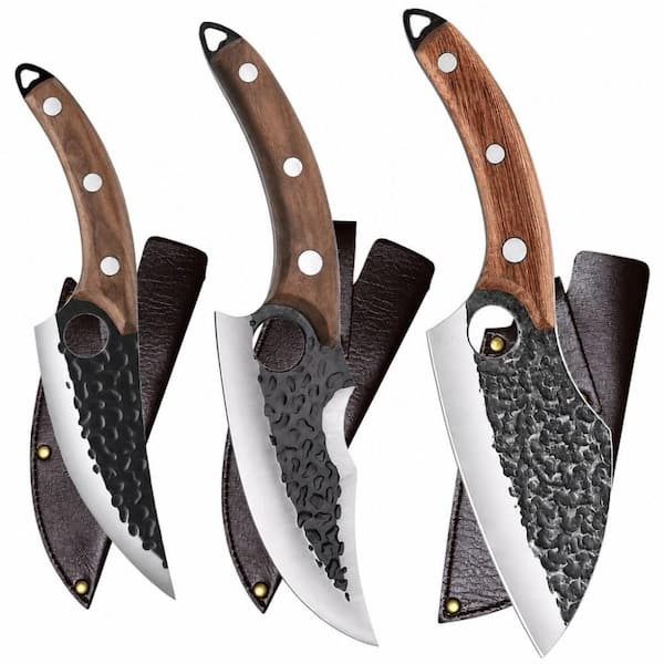 3-Piece High Carbon Stainless Steel Professional Chef Knife Set with Walnut Handle and Leather Sheaths for Meat or Bone