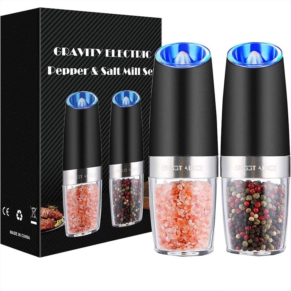 2-Pack Black Electric Salt and Pepper Mills Set with Adjustable Coarseness,
