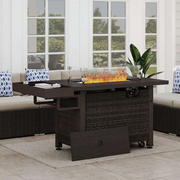 AURA OUTDOOR 52 in. 50,000 BTU Wicker Outdoor Propane Fire Pit Table with Storage Shelf, Glass Wind Guard, Rain Cover, Brown