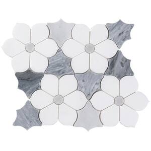 Thassos & Bardiglio Gray 10.2 in. x 11.4 in Magnolia Polished Marble Flower Mosaic Floor & Wall Tile Case (8.92 sq. ft.)