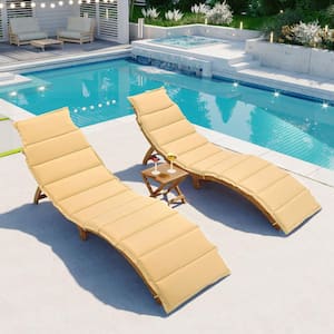 Brown 3-Piece Wood Outdoor Chaise Lounge with Foldable Tea Table and Brown Cushion