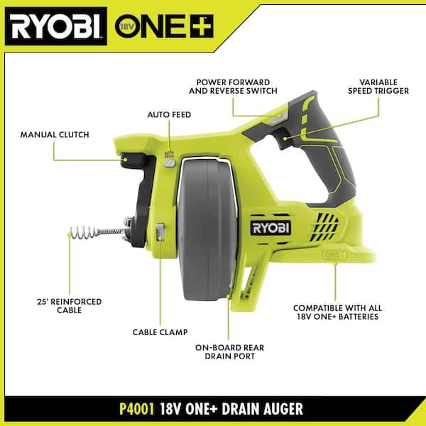 RYOBI P4001PSK005 ONE+ 18V Cordless Drain Auger And 2.0 Ah Compact