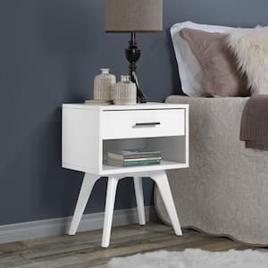 Mid Century Modern 1-Drawer White Nighstand 25.4 in. x 19.6 in. x 13.75 in.