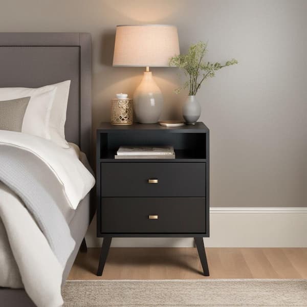 Prepac Milo Mid Century Modern 2-Drawer Black Tall Nightstand with Open Shelf