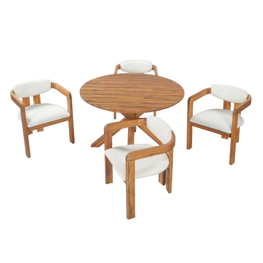 5-Piece Outdoor Acacia Wood Round Dining Set with Solid Wood Patio Table with 4 Beige Cushioned Chairs